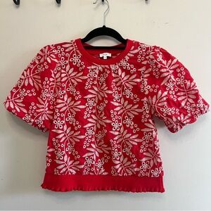 VOY Red Floral Women's Blouse Puff Sleeve Cut Outs Beach Resort Pattern Career